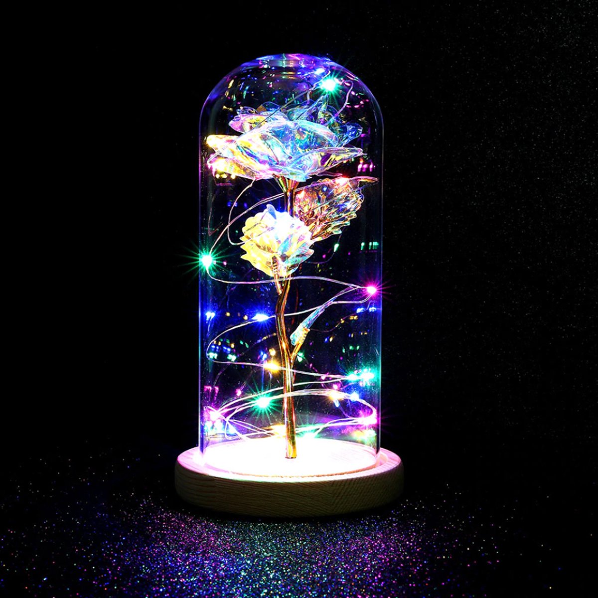 Common Goods - Galaxy roos in glazen stolp met gekleurde LED – Rozen - Vrouwen Cadeautjes - Moederdag Cadeautje - Mama - Huwelijkscadeau - Liefdes Cadeau - Valentijnsdag - Verjaardag - Vriendin - Common Goods
