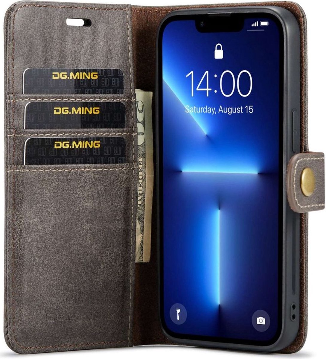 DG Ming iPhone 14 Pro Hoesje 2-in-1 Book Case en Back Cover Grijs