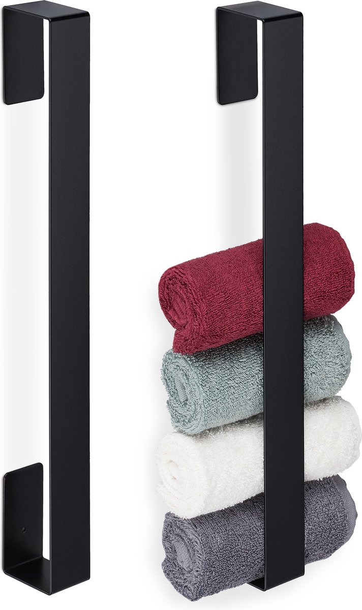 Relaxdays 2x handdoekrek zonder boren - handdoekhouder zwart - handdoekstang badkamer