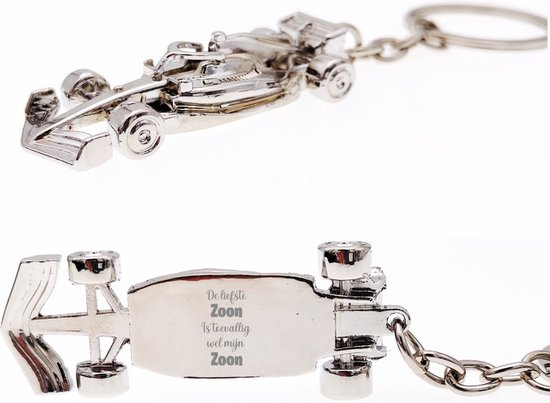 Porte-clés voiture F1 argenté, avec gravure 'Le plus gentil fils est aussi mon fils'.