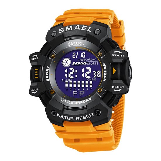 Smael digitaal sporthorloge met oranje band, zwarte kast en blauw digitaal display.