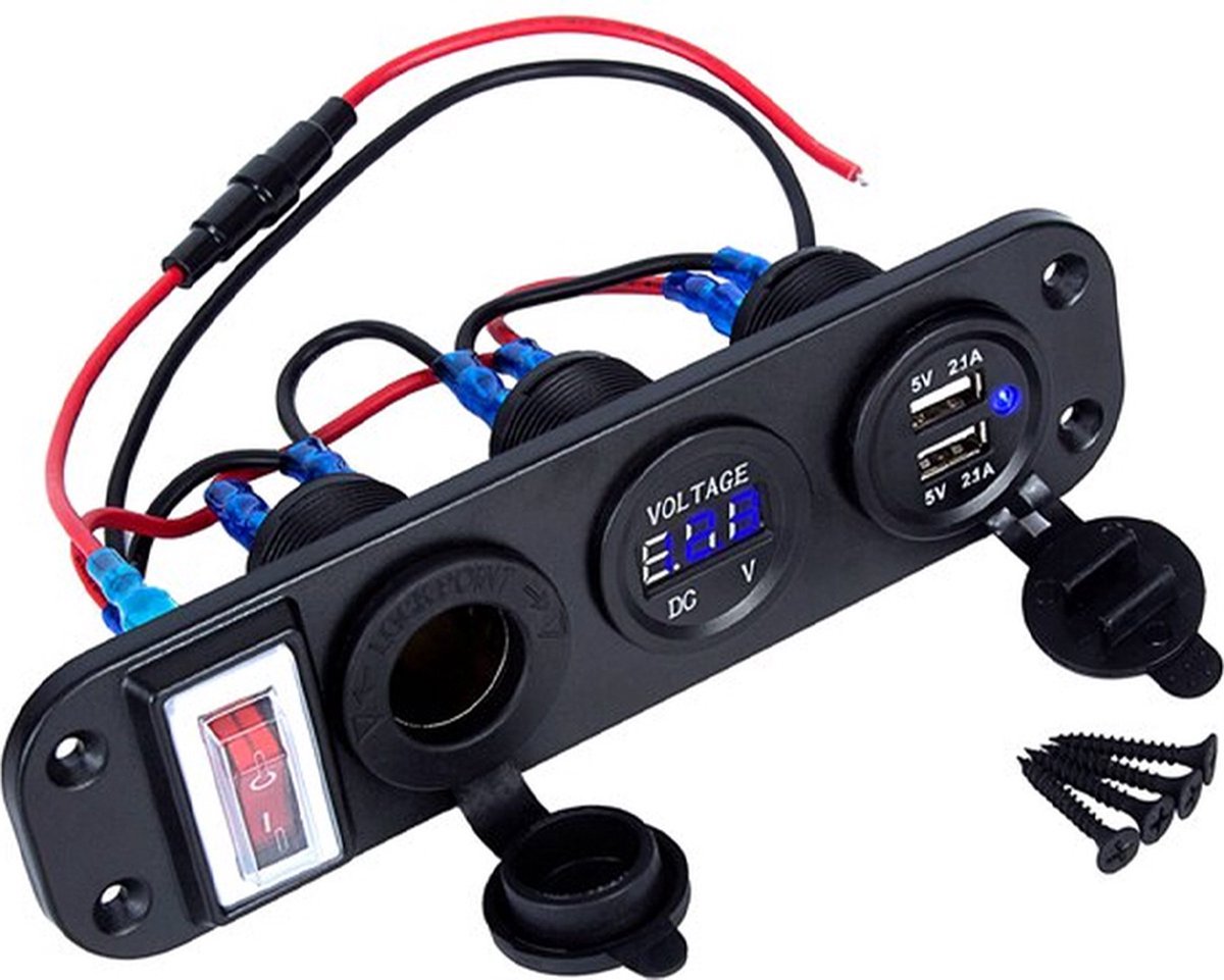 Procar® PUSB4-A 4-in-1 inbouwstopcontact Digitale Voltmeter + 12V Stopcontact + Dual Usb Power Charger Adapter Sigarettenaansteker met Aan/Uit schakelaar