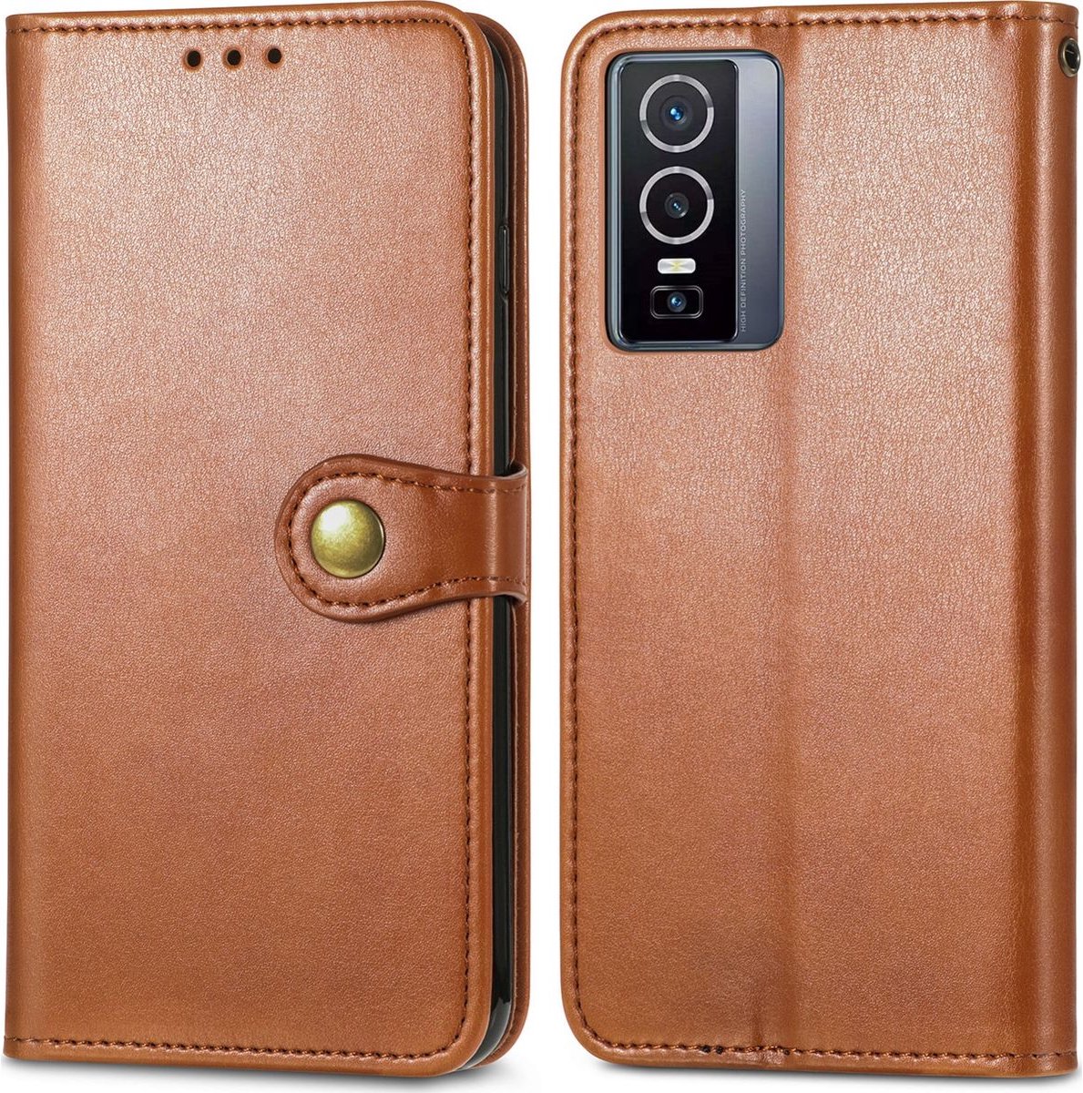 Mobigear Telefoonhoesje geschikt voor Vivo Y76 Hoesje | Mobigear Snap Button Bookcase Portemonnee | Pasjeshouder voor 3 Pasjes | Telefoonhoesje voor Pinpas / OV Kaart / Rijbewijs - Bruin