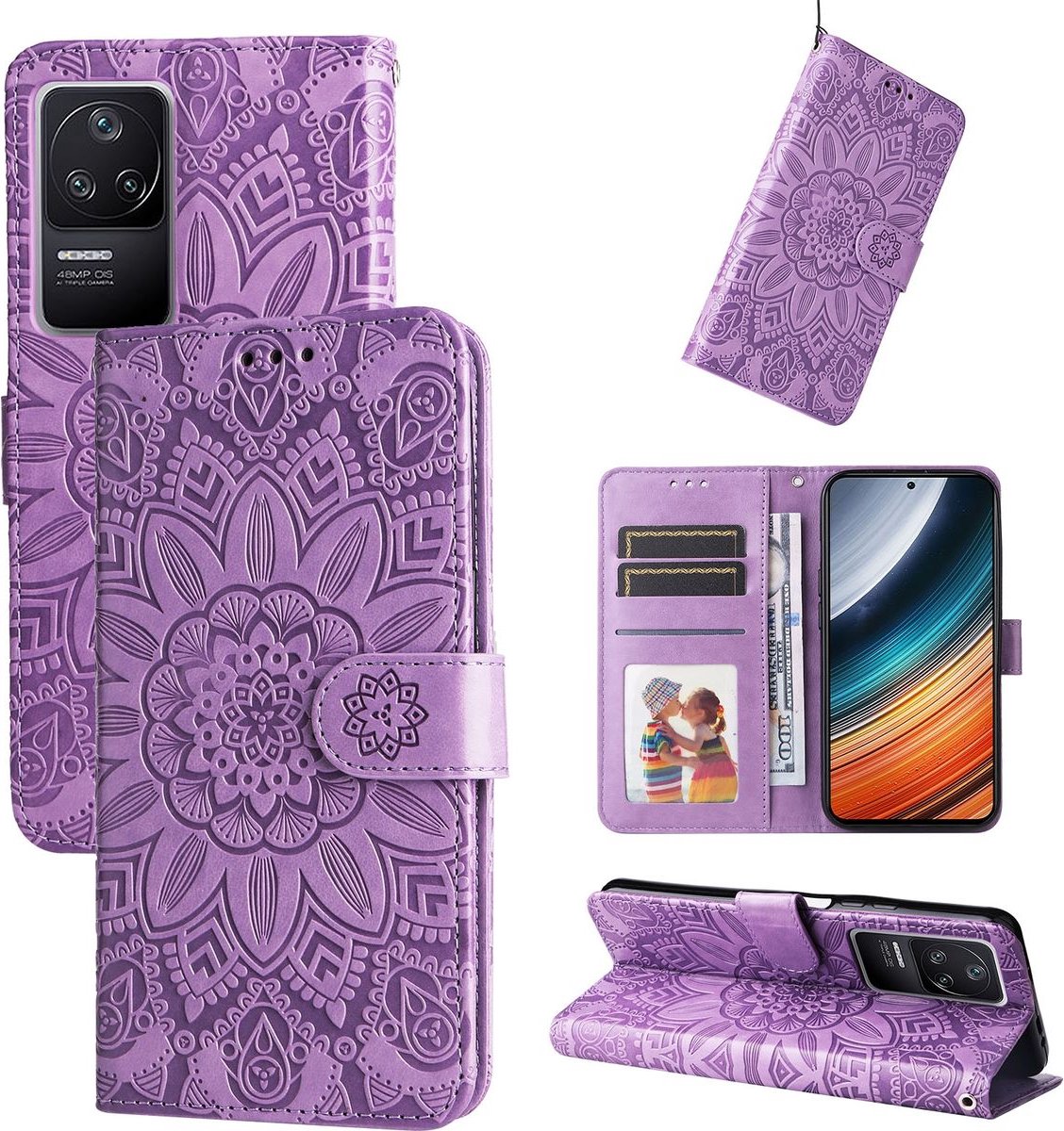 Mobigear Telefoonhoesje geschikt voor POCO F4 Hoesje | Mobigear Sunflower Bookcase Portemonnee | Pasjeshouder voor 3 Pasjes | Telefoonhoesje voor Pinpas / OV Kaart / Rijbewijs - Paars