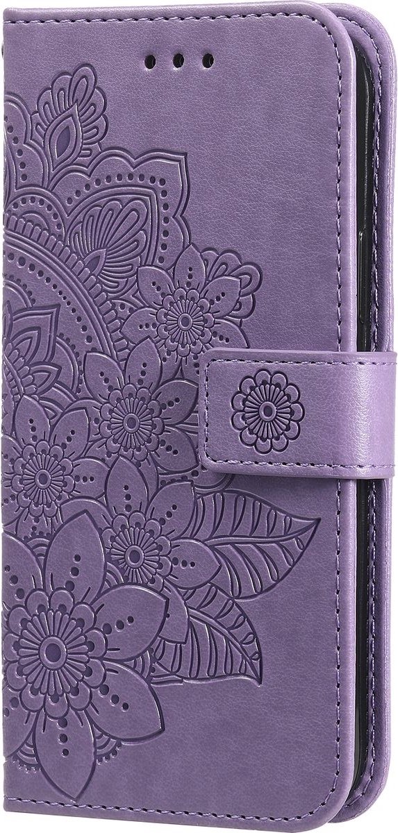 Mobigear Telefoonhoesje geschikt voor POCO F4 Hoesje | Mobigear Flowers Bookcase Portemonnee | Pasjeshouder voor 3 Pasjes | Telefoonhoesje voor Pinpas / OV Kaart / Rijbewijs - Paars