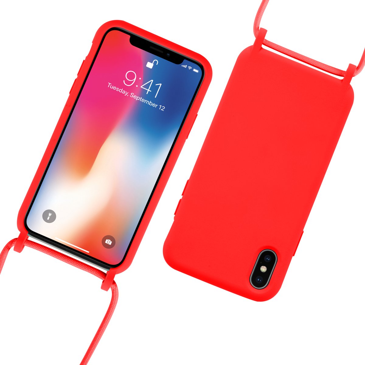 RNZV - Iphone X/XS - Siliconen telefoonhoesje met koord - Rood