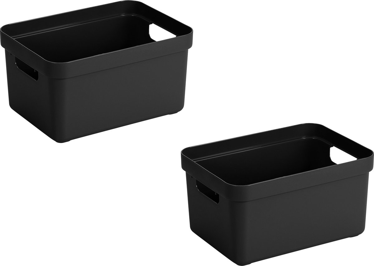 2x stuks zwarte opbergboxen/opbergdozen/opbergmanden kunststof - 13 liter - opbergen manden/dozen/bakken - opbergers