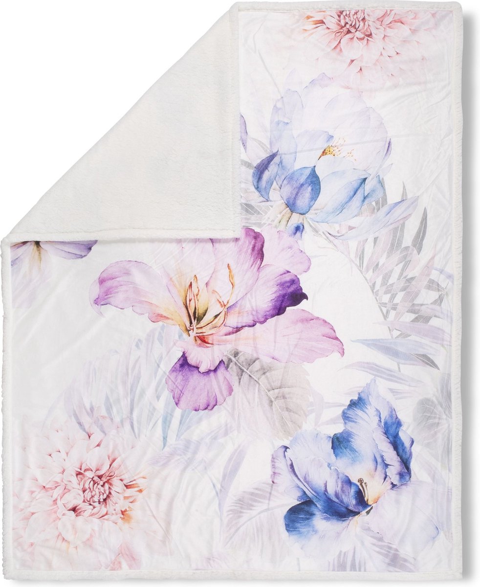 Luxe Bloemenprint Plaid 130x160 cm - Pastel Bloemen en Vlinders - Polyester - Voor 1 Persoon - Descanso