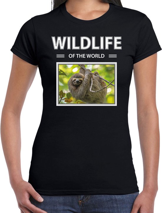 Dieren foto t-shirt Luiaard - zwart - dames - wildlife of the world - cadeau shirt Luiaarden liefhebber XS