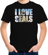 Tekst shirt I love seals met dieren foto van een zeehond zwart voor kinderen - cadeau t-shirt zeehonden liefhebber - kinderkleding / kleding 146/152