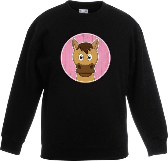 Kinder sweater zwart met vrolijke paard print - paarden trui - kinderkleding / kleding 152/164