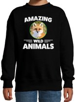 Sweater vos - zwart - kinderen - amazing wild animals - cadeau trui vos / vossen liefhebber 122/128