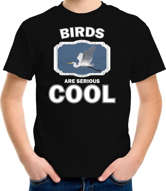 Dieren vogels t-shirt zwart kinderen - birds are serious cool shirt  jongens/ meisjes - cadeau shirt grote zilverreiger/ vogels liefhebber - kinderkleding / kleding 146/152
