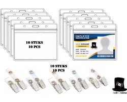 Bob Online ™ - Setjes - 10 Stuks – PVC - Horizontaal ID Badgehouders + 10 Stuks Alligator Bretel Bandjes – Waterdichte PVC Badgehouders – ID-Kaarthouder – Transparant ID-Badgehouder – Horizontal ID Badge Holder x 10 + Crocodile Suspender Clips x 10