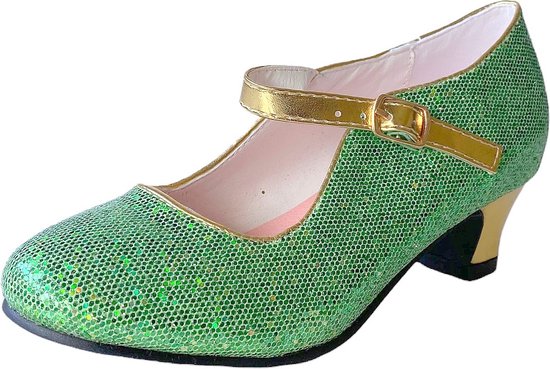 Prinsessen schoentjes Spaanse schoenen met hakje groen goud - Maat 30 (binnenmaat 19,5 cm) bij Anna prinsessenjurk - speelgoed schoenen -
