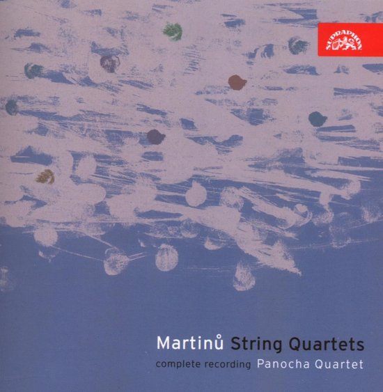 Albumhoes met blauwe en paarse abstracte penseelstreken en stippen. De tekst 'Martinů String Quartets' en 'complete recording Panocha Quartet' staat onderaan.