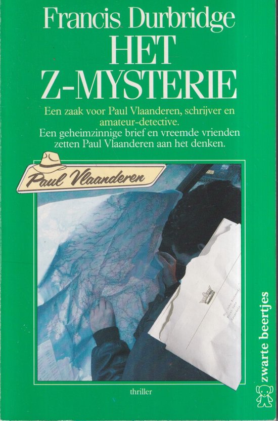 Boekomslag van 'Het Z-Mysterie' door Francis Durbridge. Groene achtergrond met een illustratie van een man die een kaart bestudeert en een brief vasthoudt.