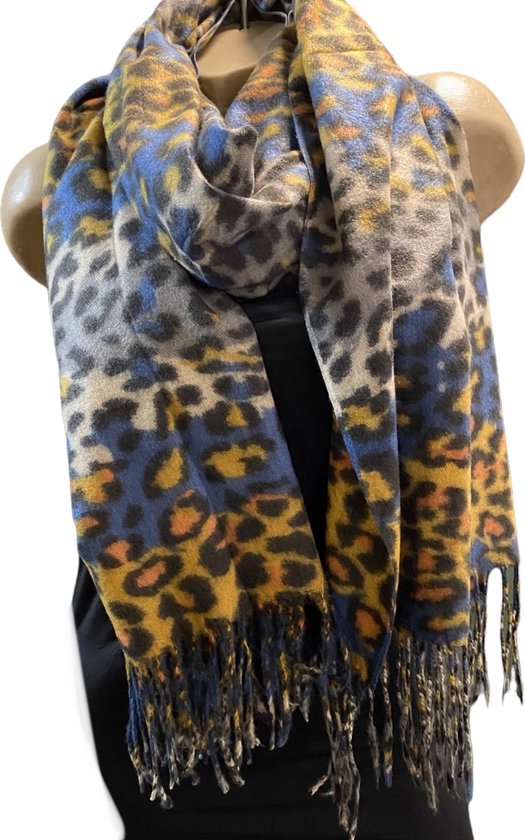 Dames lange sjaal warm met panterprint blauw-geel-grijs