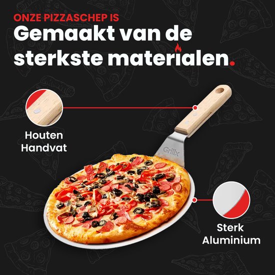 Pizzaschep met houten handvat en aluminium blad, inclusief een belegde pizza.