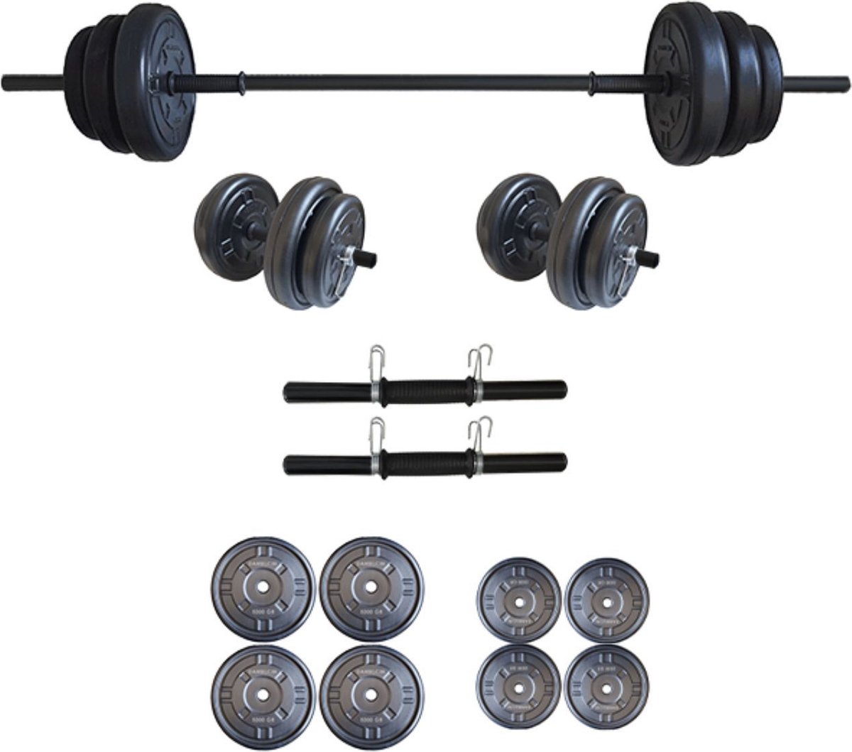 Dumbellcim® Dumbbells - Dumbells Set - Halterset - 4 x 2,5 kg + 4 x 5 kg - Inclusief barbell 150 cm - Rubber en Metaal - Zwart