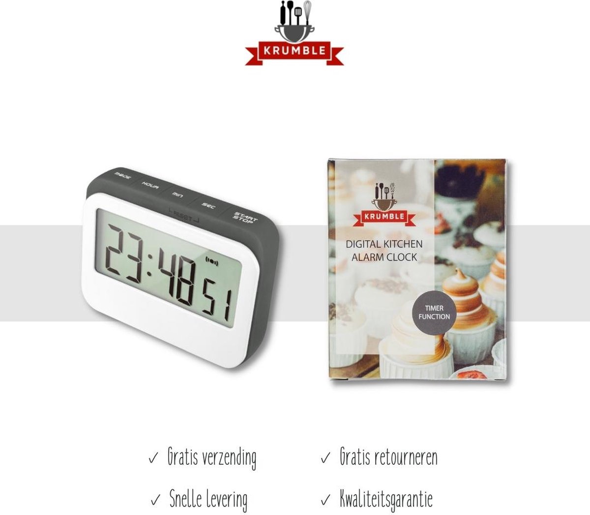 Krumble Digitale Kookwekker - Met digitale klok en alarm - Perfect voor in keuken met magneet en rubberen stootrand - Wit met grijs — cadeau in Kookcadeaus - foto 5