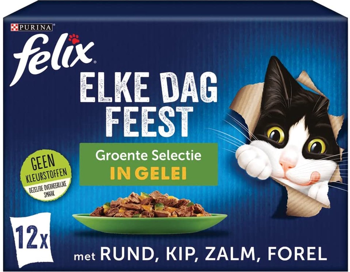 Felix Elke Dag Feest Groente Selectie kattenvoer, natvoer met Rund en Wortel, met Kip en Tomaat, met Zalm en Courgette, met Forel en Sperziebonen 12x85g - doos van 4 (48 portiezakjes, 4,08kg)