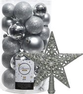 Decoris kerstballen 30x stuks - zilver 4/5/6 cm kunststof mat/glans/glitter mix en kunststof piek 21 cm