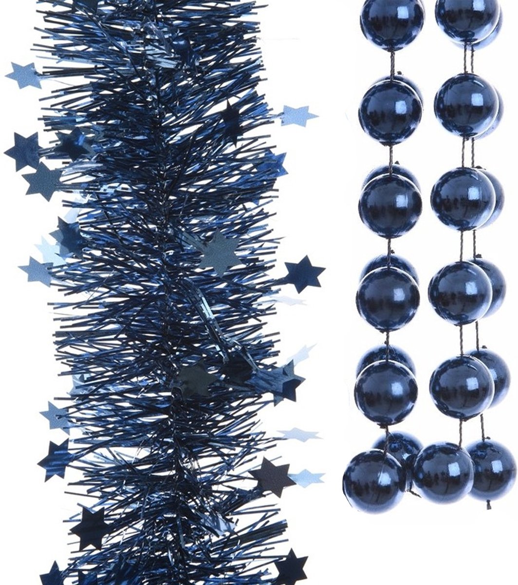 Kerstslingers - kralenslinger en folie slingers - 3x stuks - donkerblauw