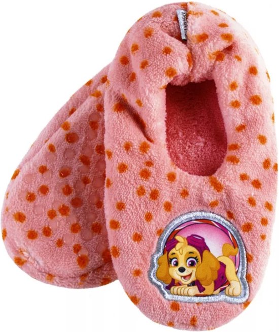 Roze Paw Patrol Skye sloffen met oranje stippen en een afbeelding van Skye op de bovenkant.