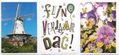 3 Wenskaarten - Fijne Verjaardag + 2 x Blanco Kaart Molen + Bloemen - 12 x 17 cm – MOL-301