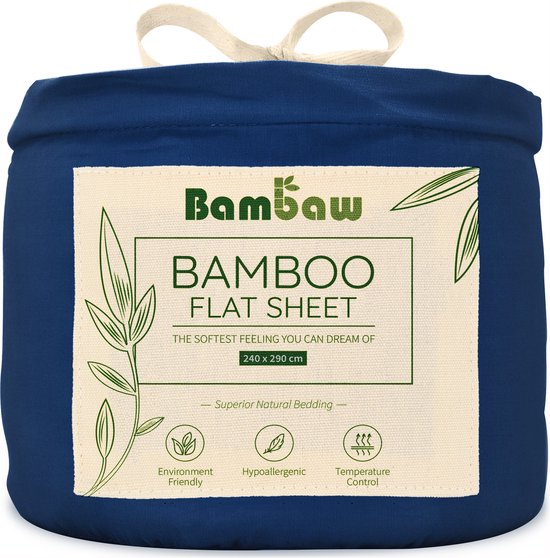 Laken de Bamboe | 240cm x 300 | Blauw Marine | Drap de dessus 2 personnes | Drap plat ultra doux | Beddengoed de Luxe en Bamboe | Feuilles hypoallergéniques | Puur Bamboe Viscose Rayonne | Tissu Ultra respirant | Bambaw