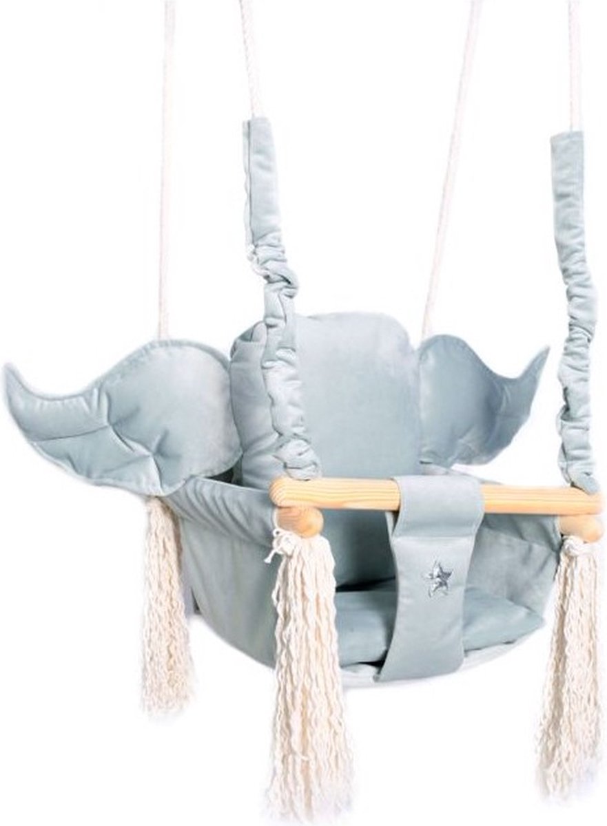 Luxe houten olifant handgemaakte licht grijze baby schommel en kinder schommel met olifant vormig kussen – Baby swing - Schommelstoel - Schommels - Olifant oren