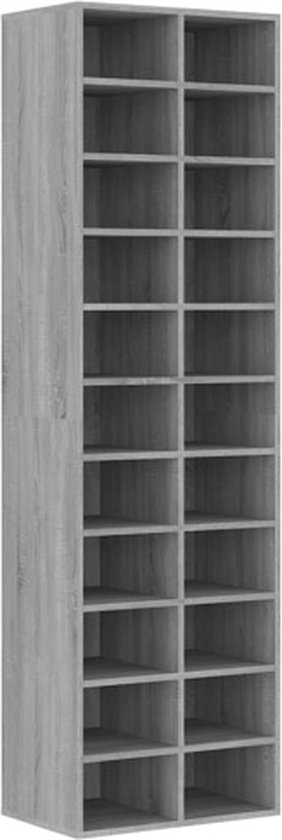 Étagère haute et étroite pour chaussures, en chêne gris, avec 20 compartiments.