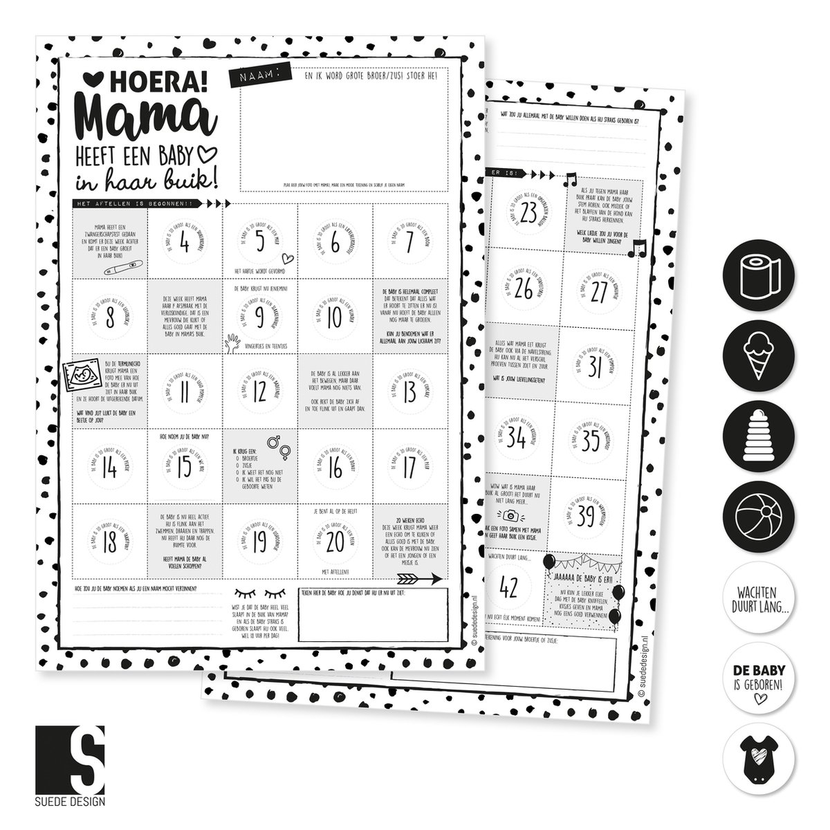 Zwangerschap aftelposter | Hoera! Mama heeft een baby in haar buik! | Suede design aftelkalender A3