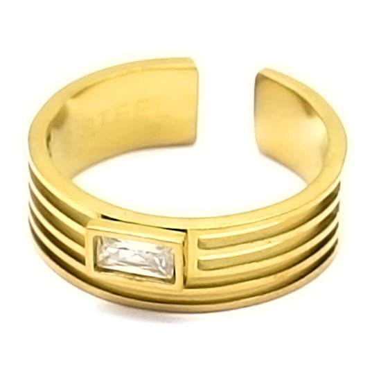 Ring met Lijnen - Zirkonia - RVS - One Size - Goudkleurig en Wit