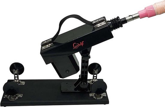 Zwarte seksmachine met een roze dildo bevestigd, close-up weergave.