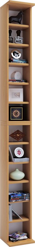 Houten staande kast met 12 vakken, gevuld met decoraties zoals boeken en vazen.