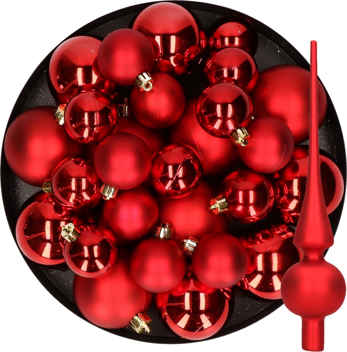 Kerstversiering kunststof kerstballen met glazen piek rood 6-8-10 cm pakket van 37x stuks - Kerstboomversiering