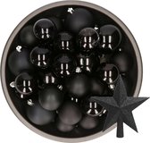 Kerstversiering kunststof kerstballen zwart 6-8-10 cm pakket van 45x stuks - Met een ster piek van 19 cm