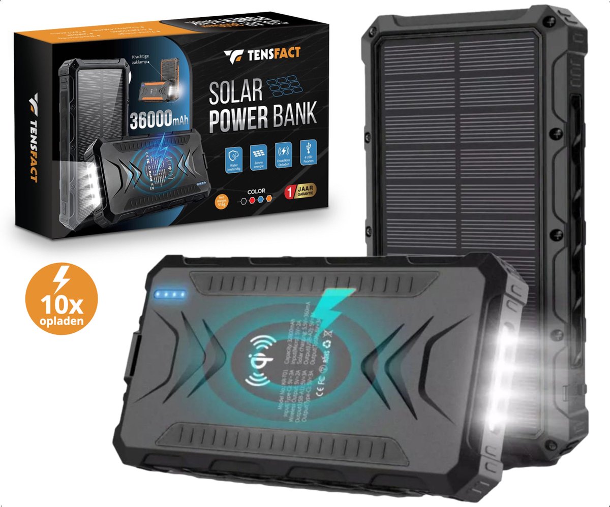 Tensfact® Solar Powerbank 36000 mAh Wireless Charger - Snellader Iphone Samsung - USB & USB C - Zwart