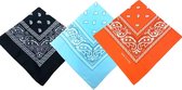 3 Stuks Paisley Classic Bandana - Sjaaltje Hoofdband Accessoires Sport - kleuren Zwart, Oranje, Lichtblauw| Cadeau package bandana