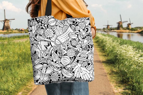 MuchoWow® Schoudertas - Strandtas - Big Shopper - Boodschappentas - Patroon - Corona - Zwart Wit - 40x40 cm - Katoenen tas