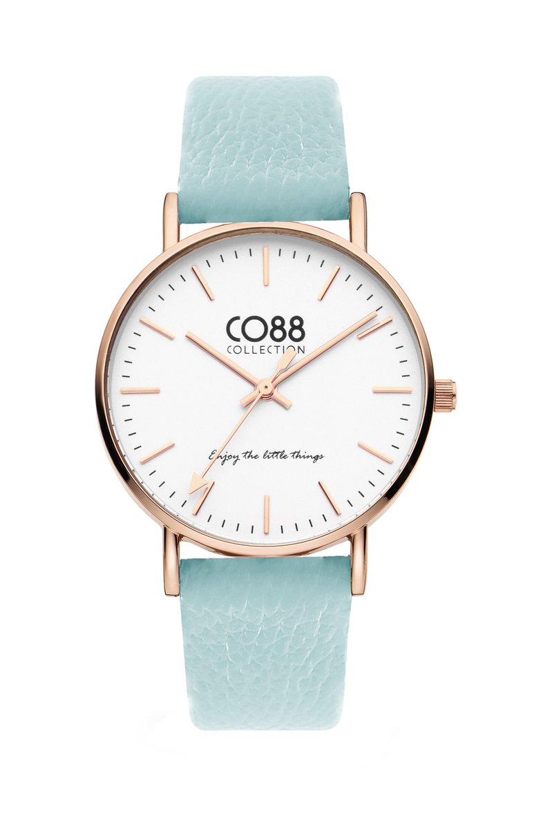 CO88 Collection 8CW-10112 Horloge - Dames - Licht Blauw - Leren Band - tot 20 cm Polsmaat - 36 mm Doorsnee - Rosegoudkleurig