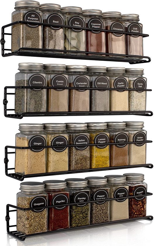 Comforder Kruidenrek Ophangbaar - Kruiden Organizer - 4 Keukenrekken - Spice Rack - voor 24 Kruidenpotjes - Zwart