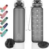 Bouteille d'eau 1 litre - Bouteille avec marqueurs de temps - Sans BPA - Avec filtre à fruits et boule de mélange - Grijs