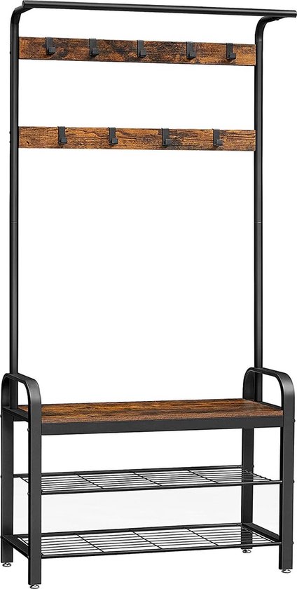 Kapstok met schoenenrek in vintage stijl, zwart metalen frame met houten planken.