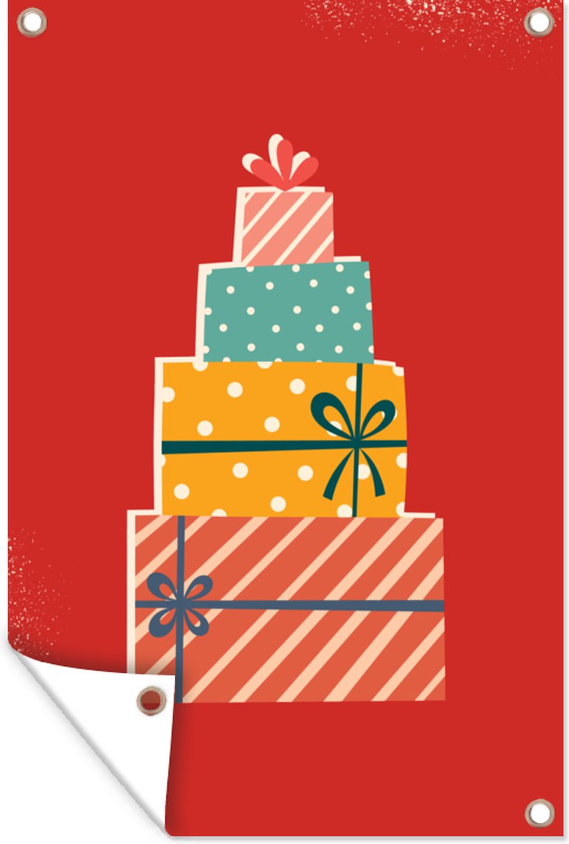 Kersttekening kunst tuinposter met kerstcadeautjes in 40x60 cm formaat voor feestelijke tuindecoratie.