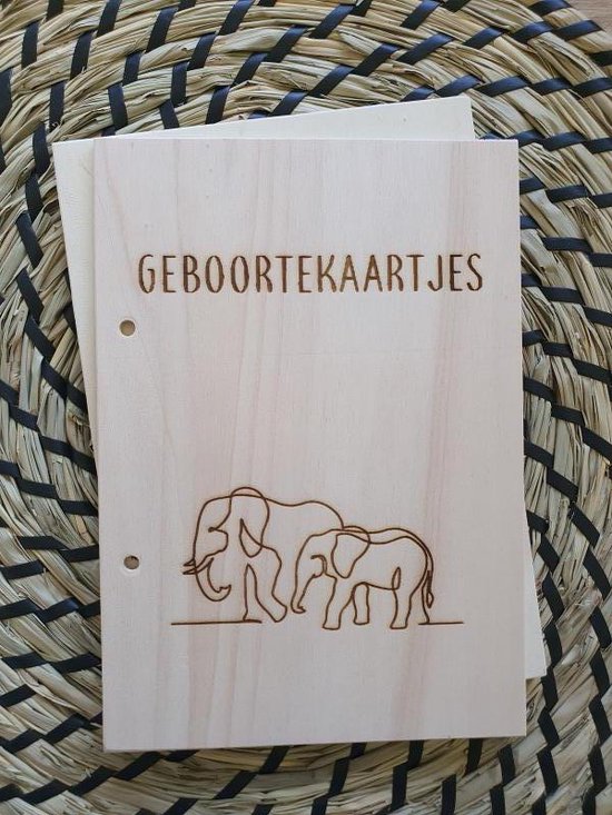 Overzichtelijk opbergen van alle geboorte kaartjes in een bundel van hout! - Geboortekaartjesbundel - Olifantjes bewaarbundel van Geboortekaarten van Kidooz. — afbeelding 2