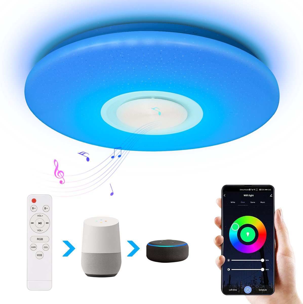 SHILOOK Led-plafondlamp, Kleurverandering Met Afstandsbediening 24 W Dimbare Plafondlamp Met Bluetooth Luidspreker App Bediening 3000 6500 K 40 Cm Rond Wit Voor Slaapkamer En Kinderkamer