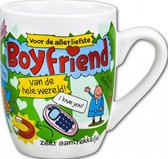 Verjaardag - Cartoon Mok - Voor de allerliefste boyfriend van de wereld - In cadeauverpakking met gekleurd lint